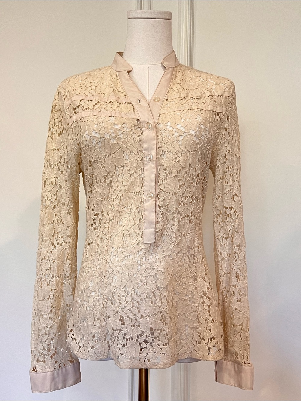 Vintage Cream Corded Lace Blouse Satin Trim Band Collar Sheer Coquette Top P